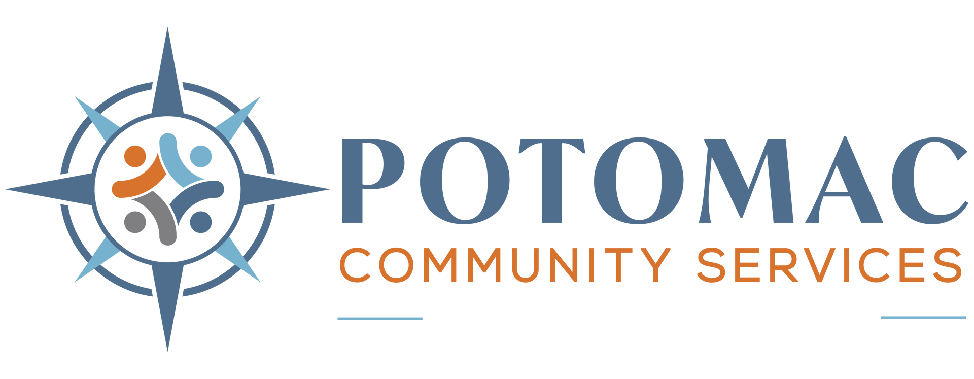 Logo for Potomac Community Services. Features a compass with people icons inside and the name