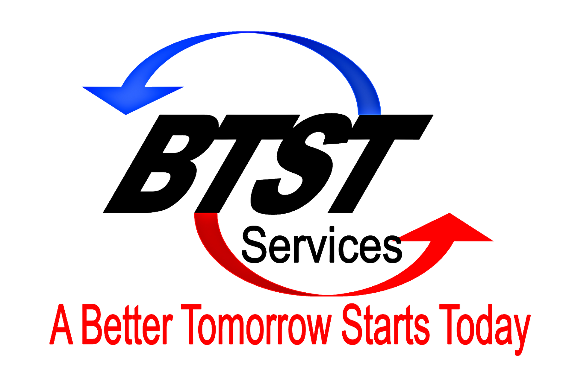 BTST Services logo: Black text with curved blue and red arrows;