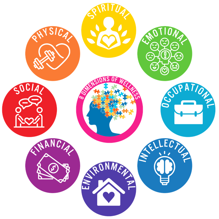 Nine colorful circles around a central image. Each circle represents a dimension of wellness: physical, spiritual, emotional, occupational, intellectual, environmental, financial, and social.