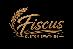 A black and white logo for a company called fiscus custom swathing llc.
