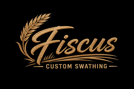 A black and white logo for a company called fiscus custom swathing llc.