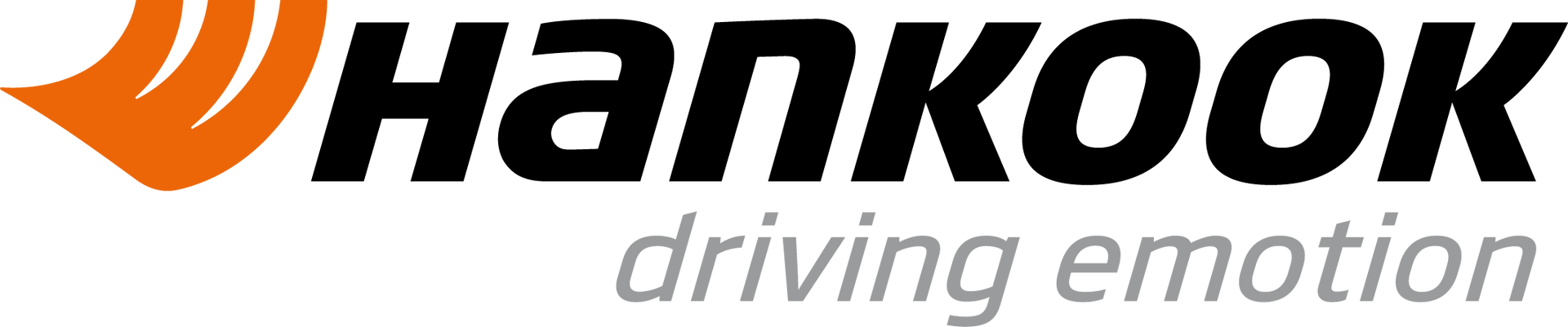 Hankook tires logo: black text on white background with an orange design; tagline reads 