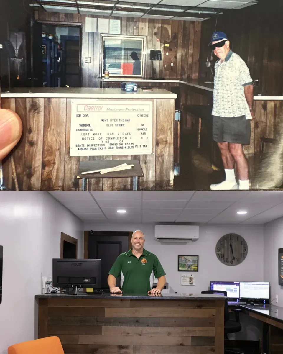 Top: Retro wood-paneled office with a man standing at the counter. Bottom: Modern office with a man at the desk.