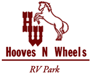 Logo for Hooves N Wheels RV Park featuring a dark red horse silhouette, stylized HW initials, and text on a white background.