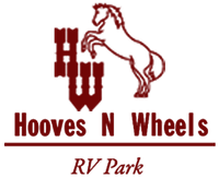 Logo for Hooves N Wheels RV Park featuring a dark red horse silhouette, stylized HW initials, and text on a white background.