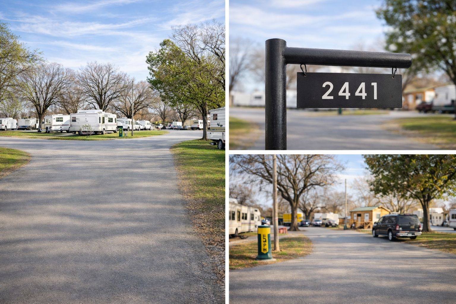 A composite image shows an RV park with gravel paths, trees, and a signpost reading 
