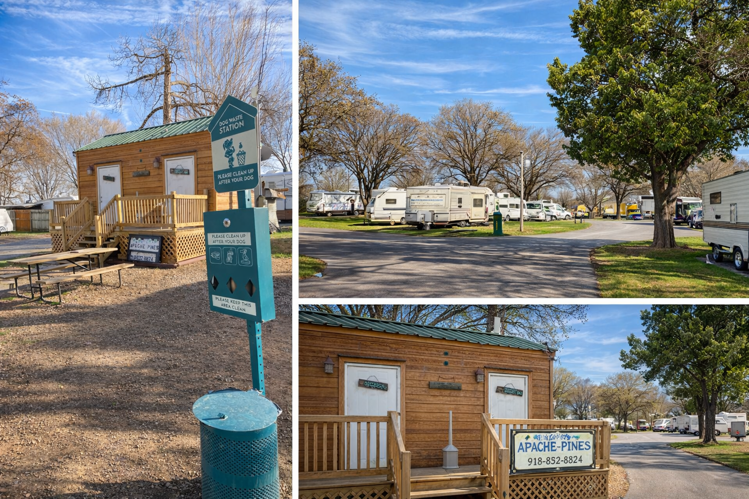A three-part collage shows a wooden cabin with a pet waste station, a gravel parking area with RVs, and the cabin entrance.