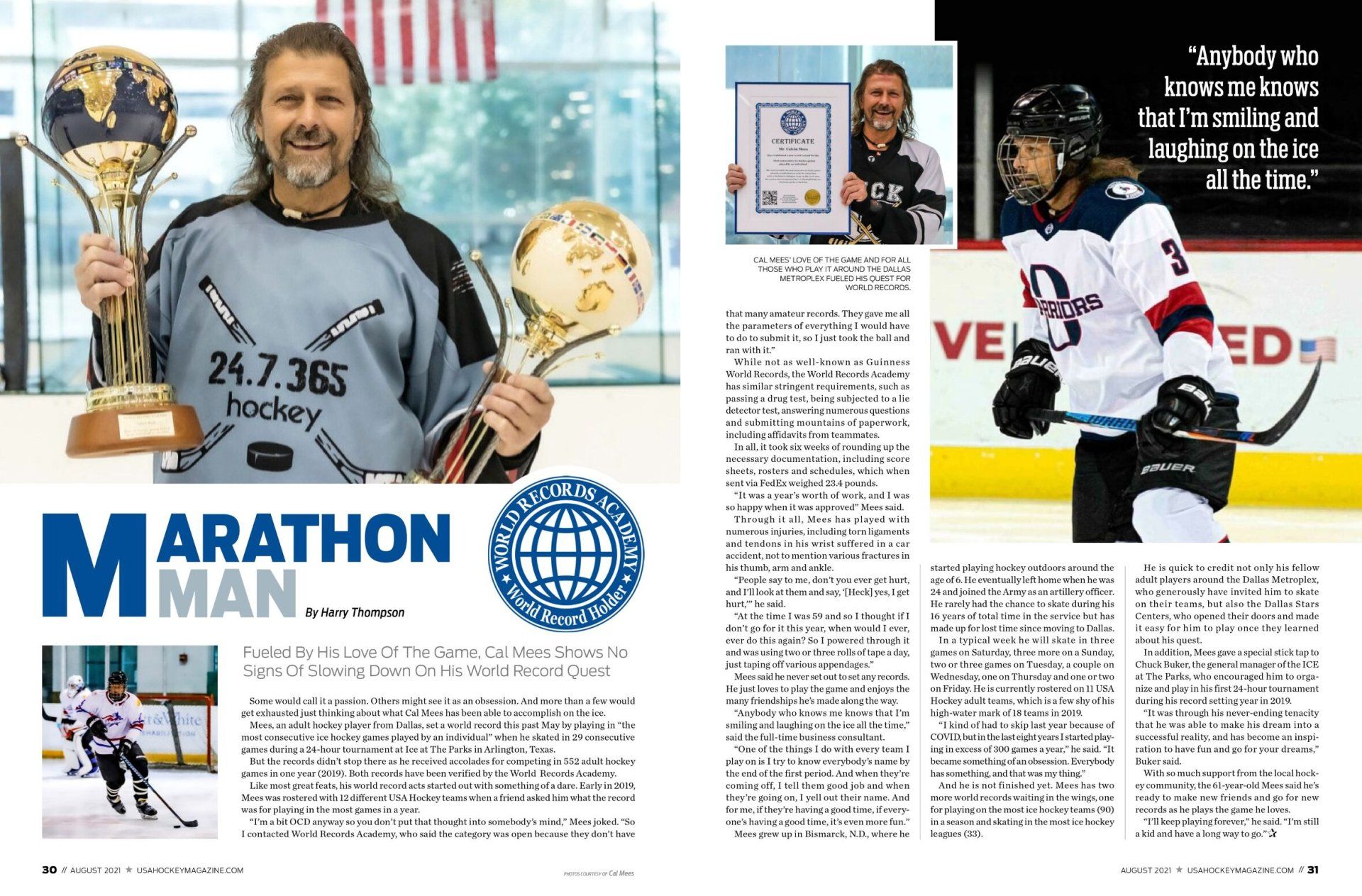 Most ice hockey teams played on by an individual in one year: Calvin Mees sets world record