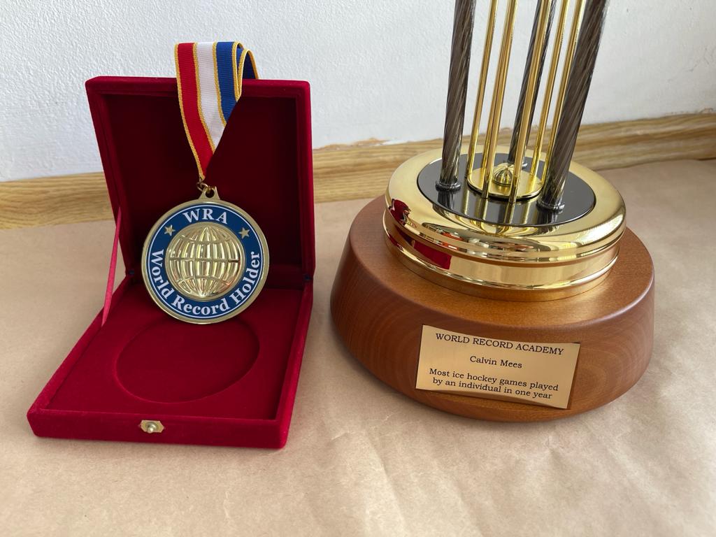 Most ice hockey leagues played on by an individual in one year: Calvin Mees sets world record