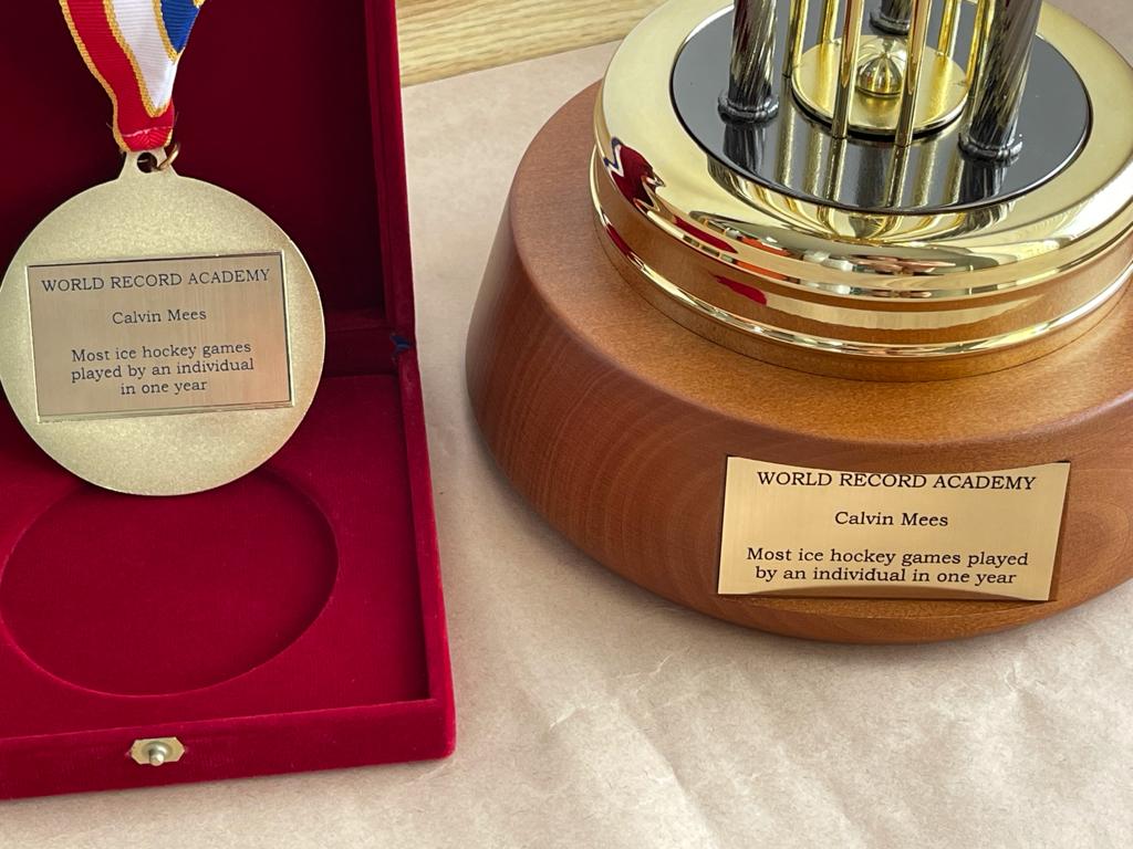 Most ice hockey leagues played on by an individual in one year: Calvin Mees sets world record