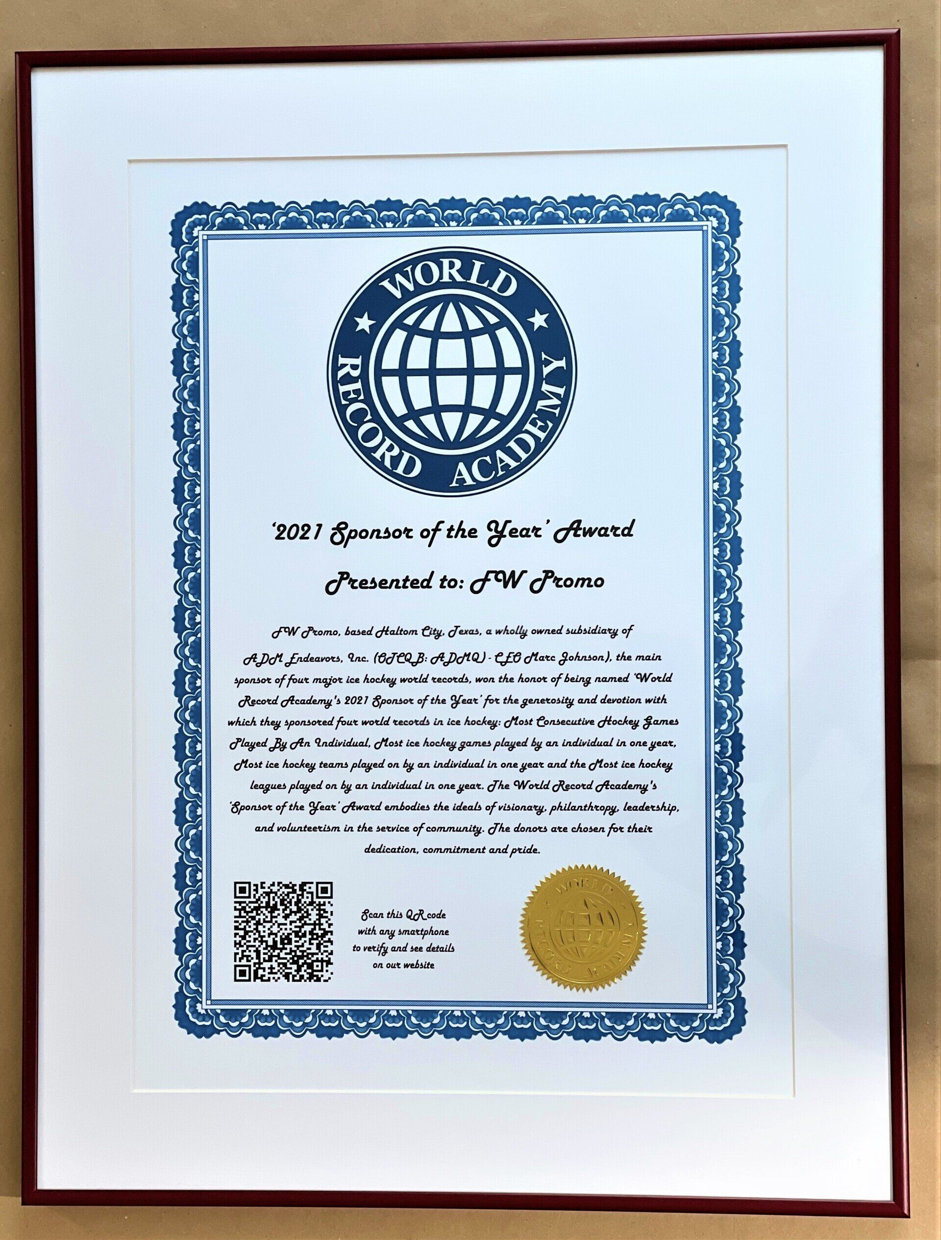 World Record Academy's 2021 Sponsor of the Year: FW Promo