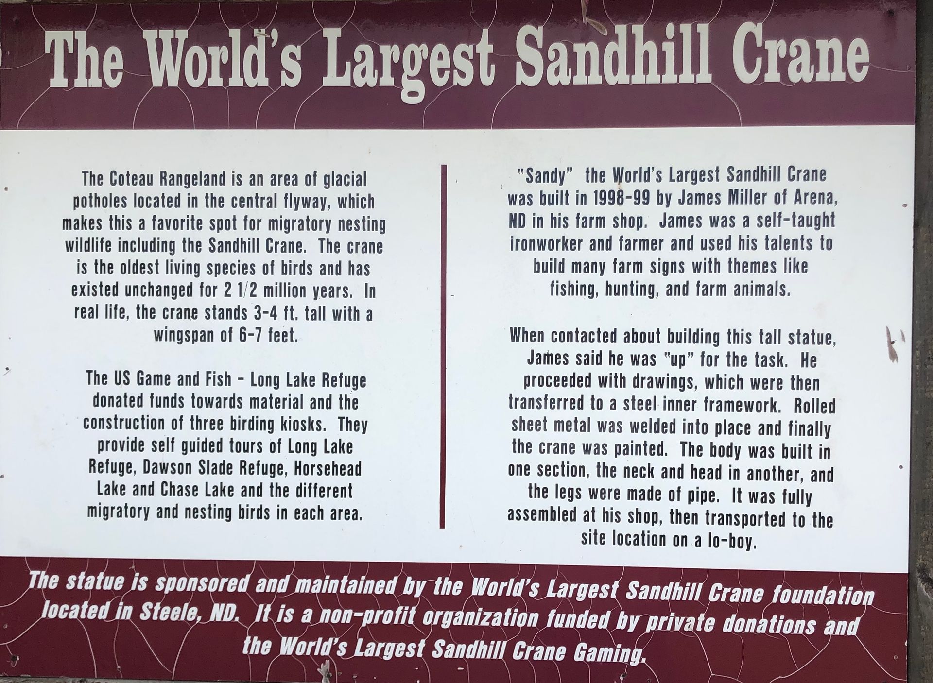 World's Largest Sandhill Crane Sculpture: world record in Steele, North Dakota