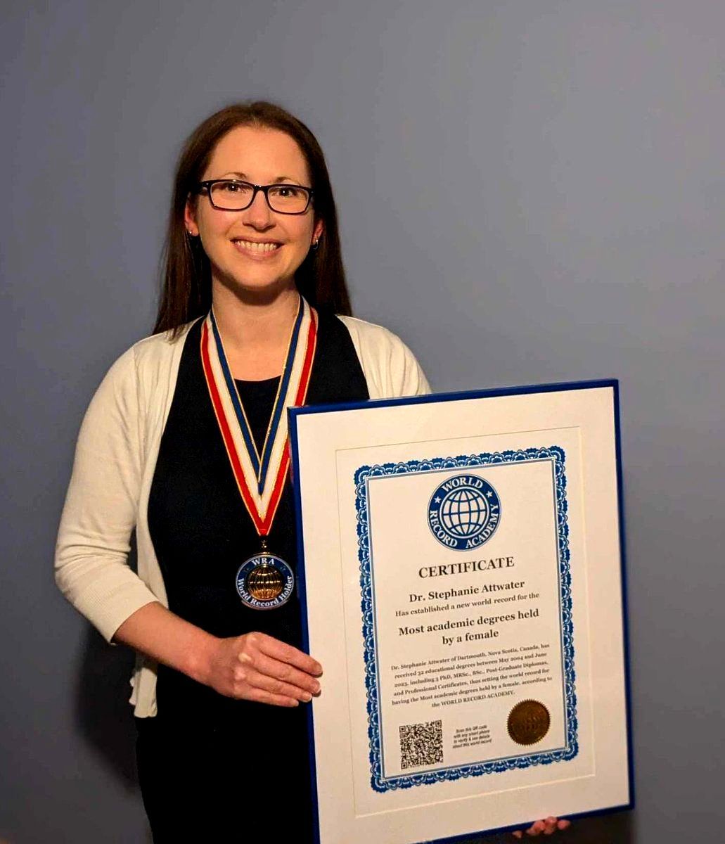Most academic degrees held by a female, world record set by Dr. Stephanie Attwater
