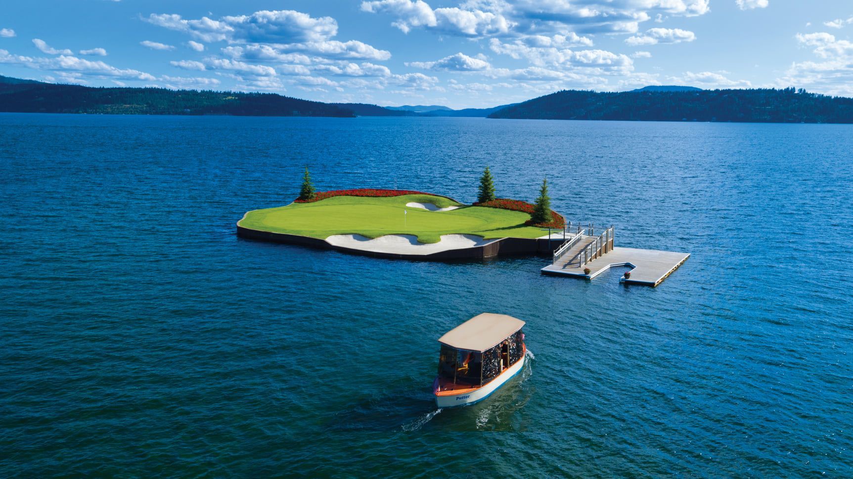 World's First Floating, Movable Island Golf Green, world record in Coeur d'Alene , Idaho World's First Floating, Movable Island Golf Green, world record in Coeur d'Alene , Idaho