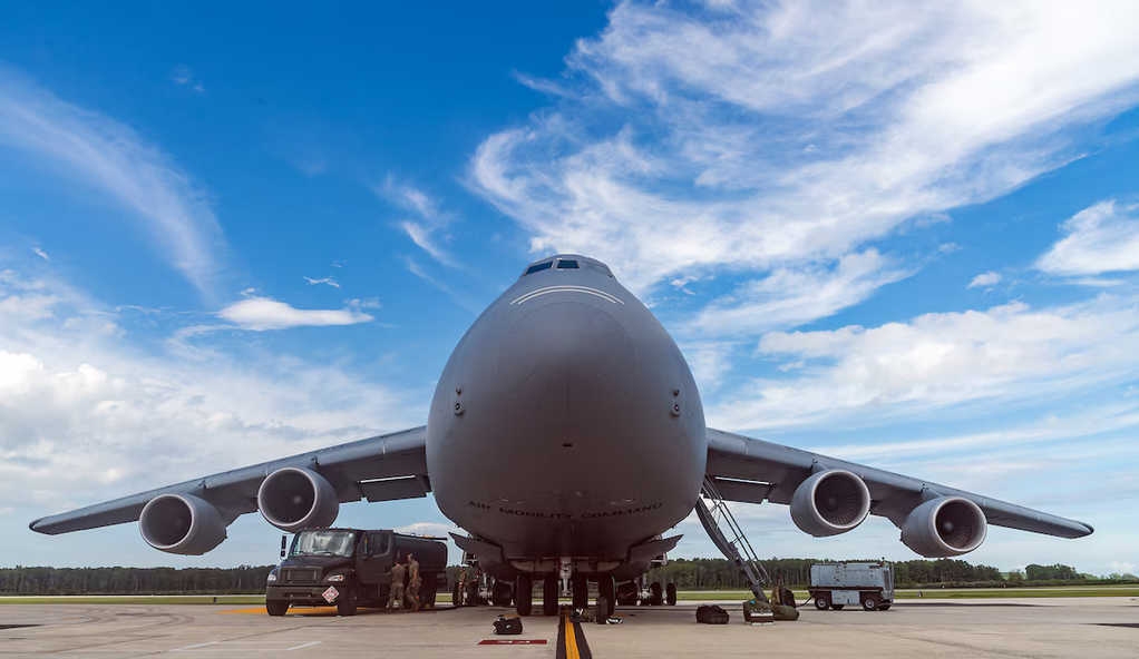 World's largest military transport aircraft, world record set by The Lockheed C-5M Super Galaxy
