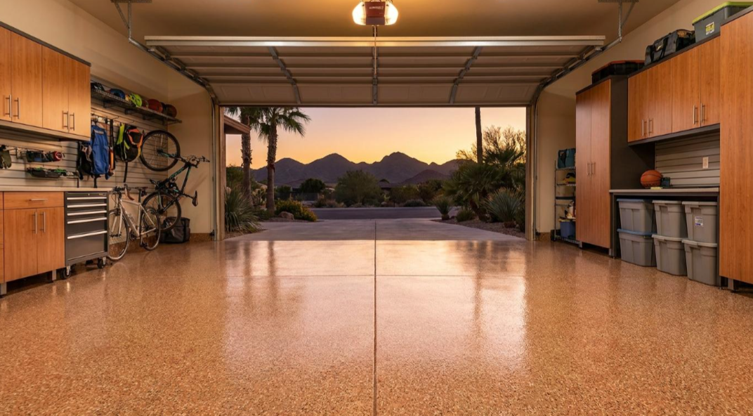 Open garage with polished floor, built-in cabinets, and desert mountains at sunset beyond the open door