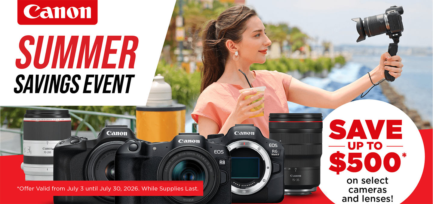 Canon Summer Savings event ad with camera gear and a woman filming outdoors, save up to $500 on select cameras