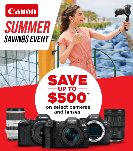 Canon Summer Savings Event ad with woman filming, cameras, and “Save up to $500” offer