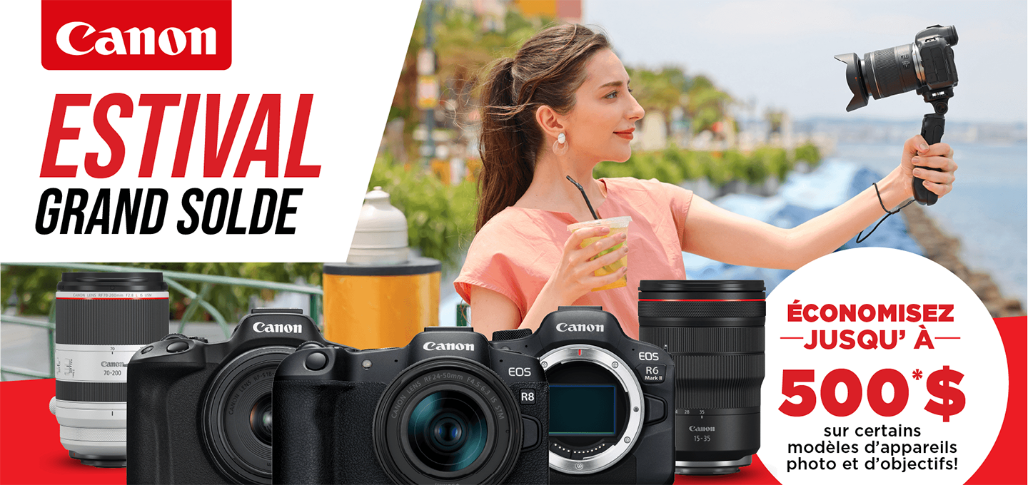 Canon camera sale ad with woman filming, several cameras, and text “Festival grand solde” and “Économisez jusqu’à 500 $”