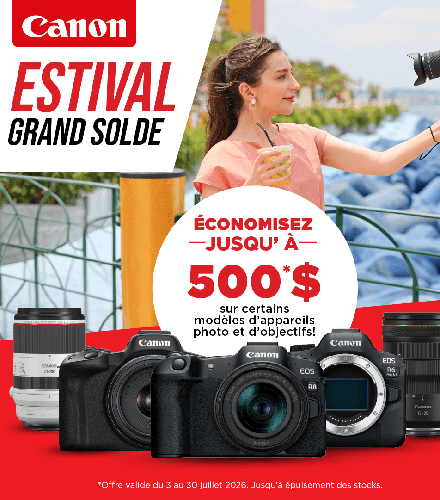 Canon Festival Grand Solde ad with cameras and a woman outdoors, “Économisez jusqu’à 500$” promotion