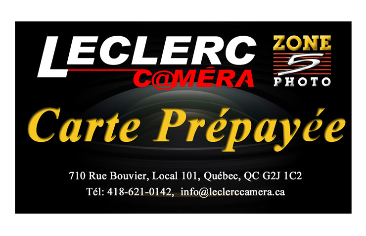 Leclerc Camera Zone Photo gift card ad with black background and gold text, Quebec address and phone number