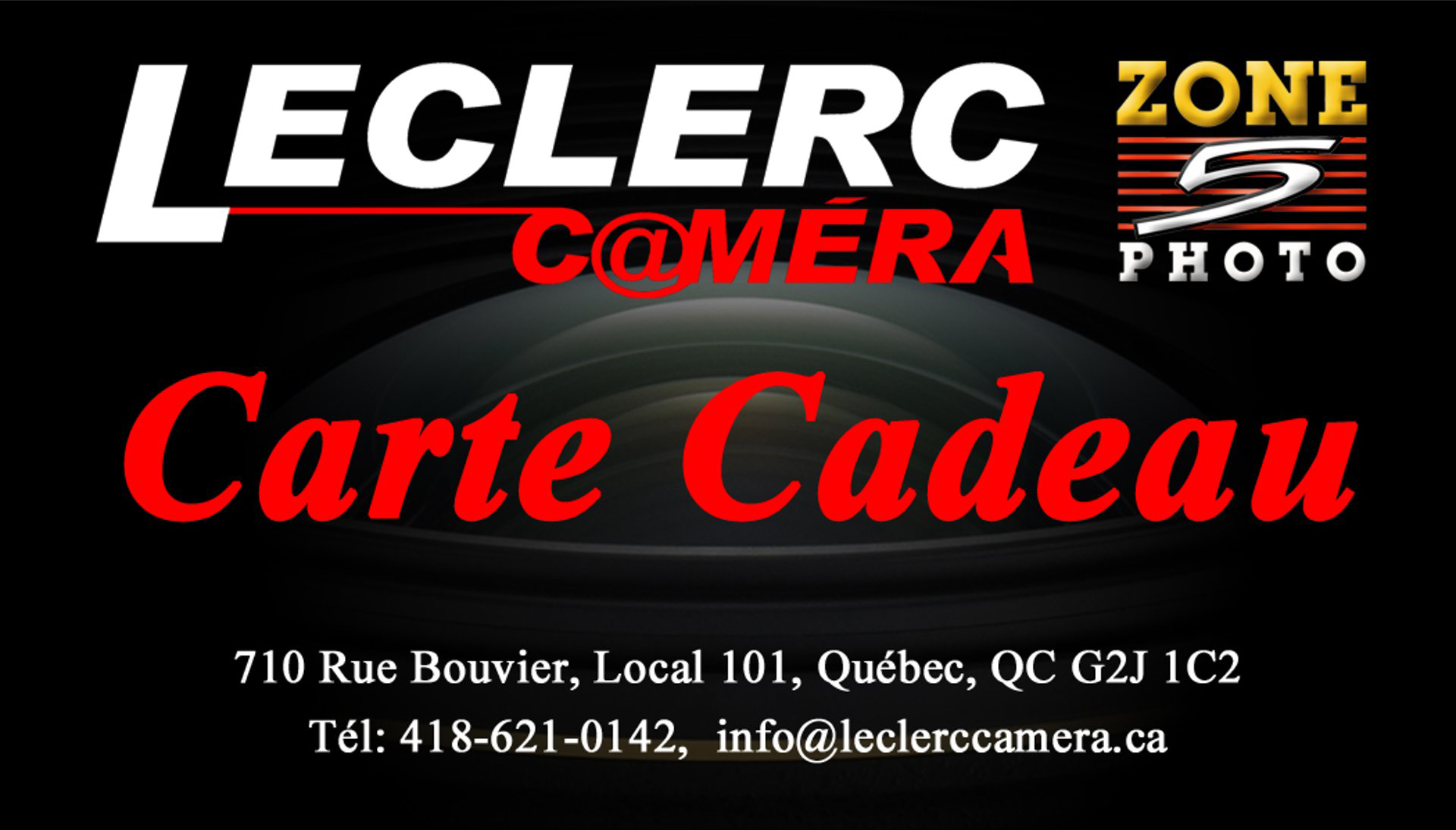 Carte cadeau Leclerc Camera, illustration sur fond noir, inscription « Carte Cadeau » en rouge et coordonnées du magasin.