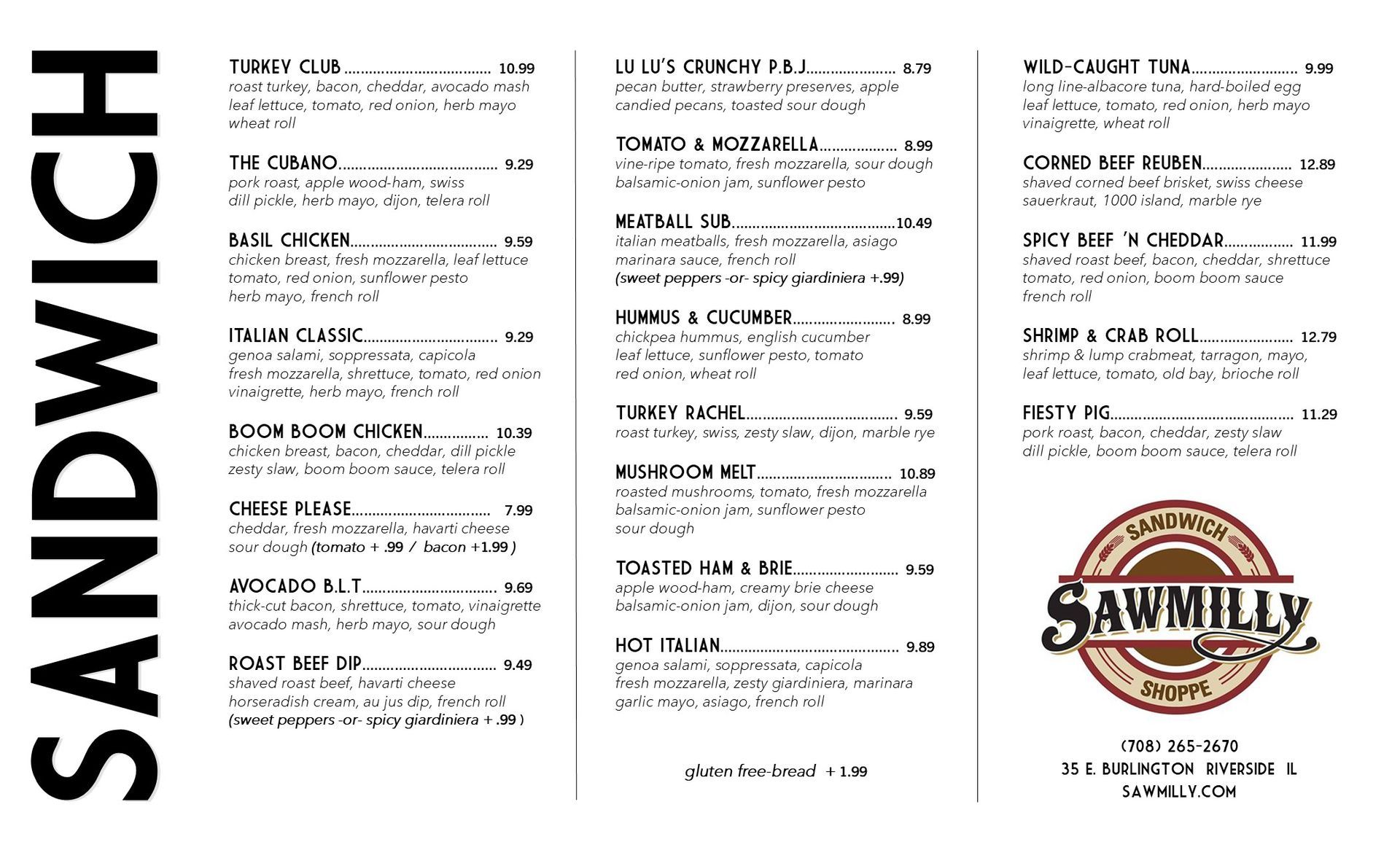Sandwich menu from Sawmill Grille, with various sandwich options listed and a logo.