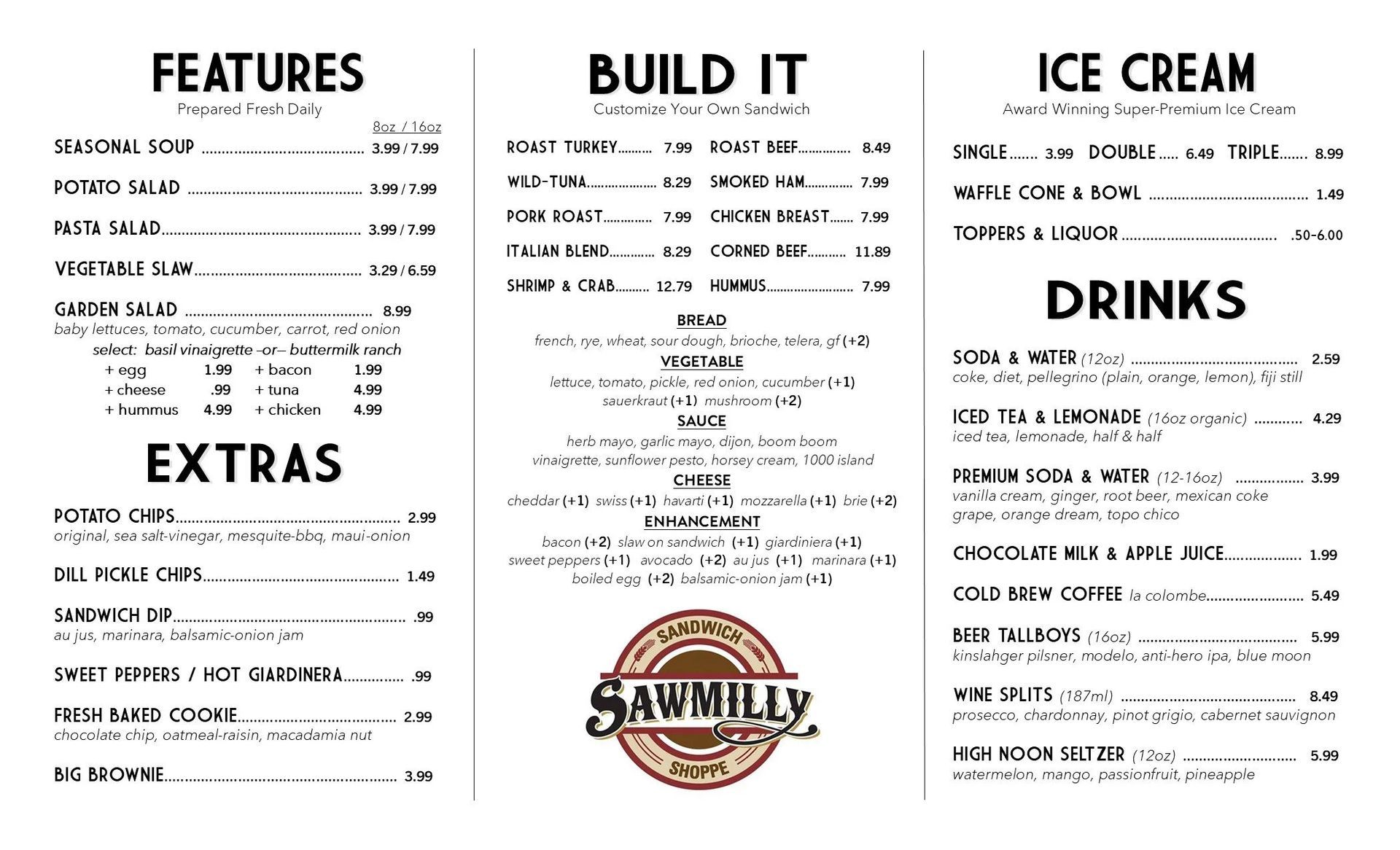 Menu board for Sawmill, featuring food and drink options.
