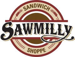 Sawmilly Sandwich Shoppe logo: circular design with text and wheat accents, brown, cream, and red tones.