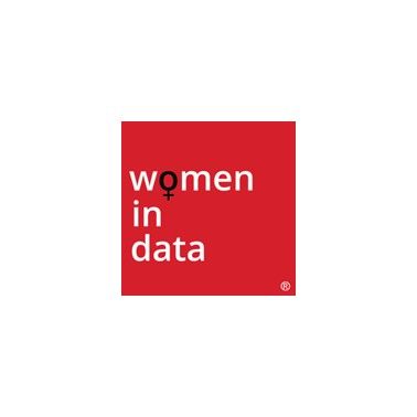 Women in Data logo in white text on a red square background