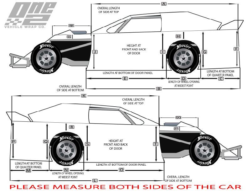 A drawing of a race car with measurements on both sides of the car.