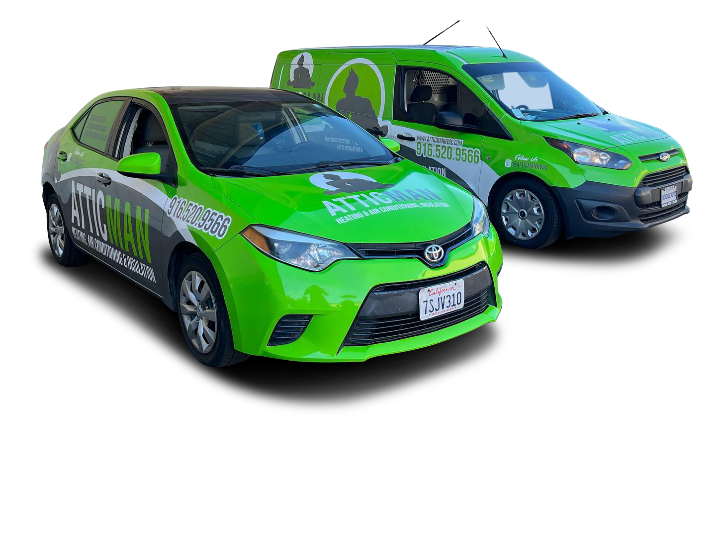 A green car and a green van are sitting next to each other on a white background.