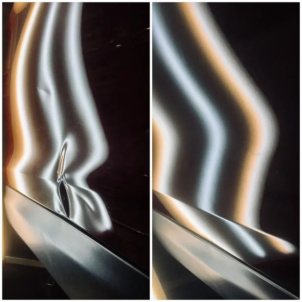 Abstract metallic light streaks on a dark background, split into two panels.