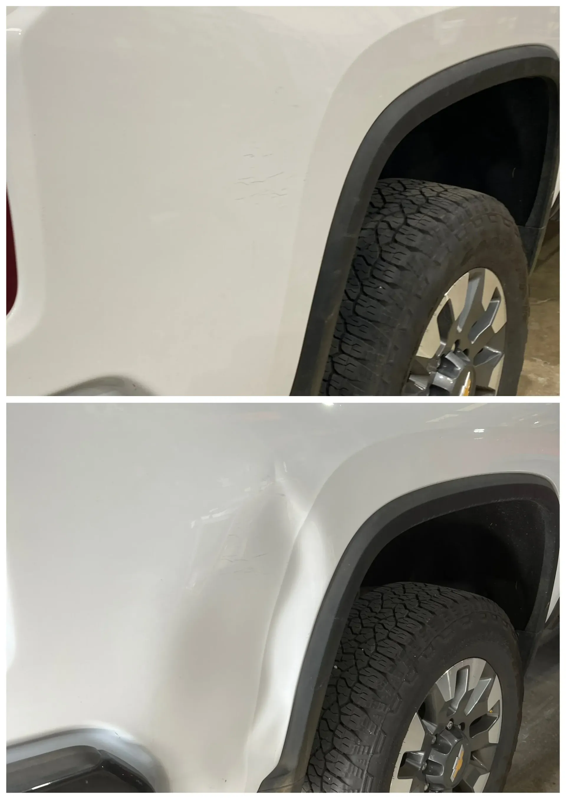 Close-up of a white SUV’s rear wheel arch with a dent, shown before and after repair.