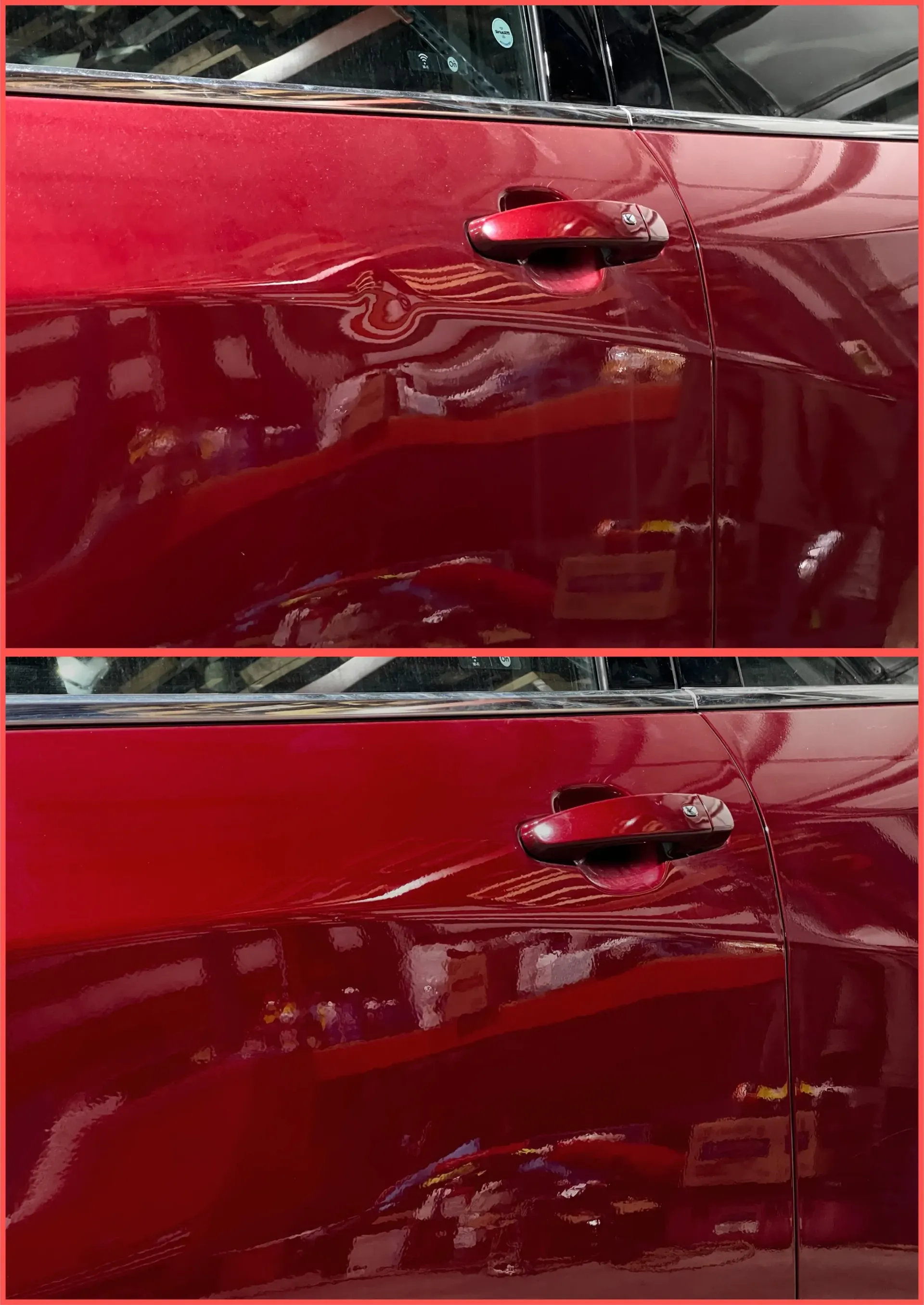 Close-up of a red car door handle, shown before and after repair, with visible reflections on the paint.
