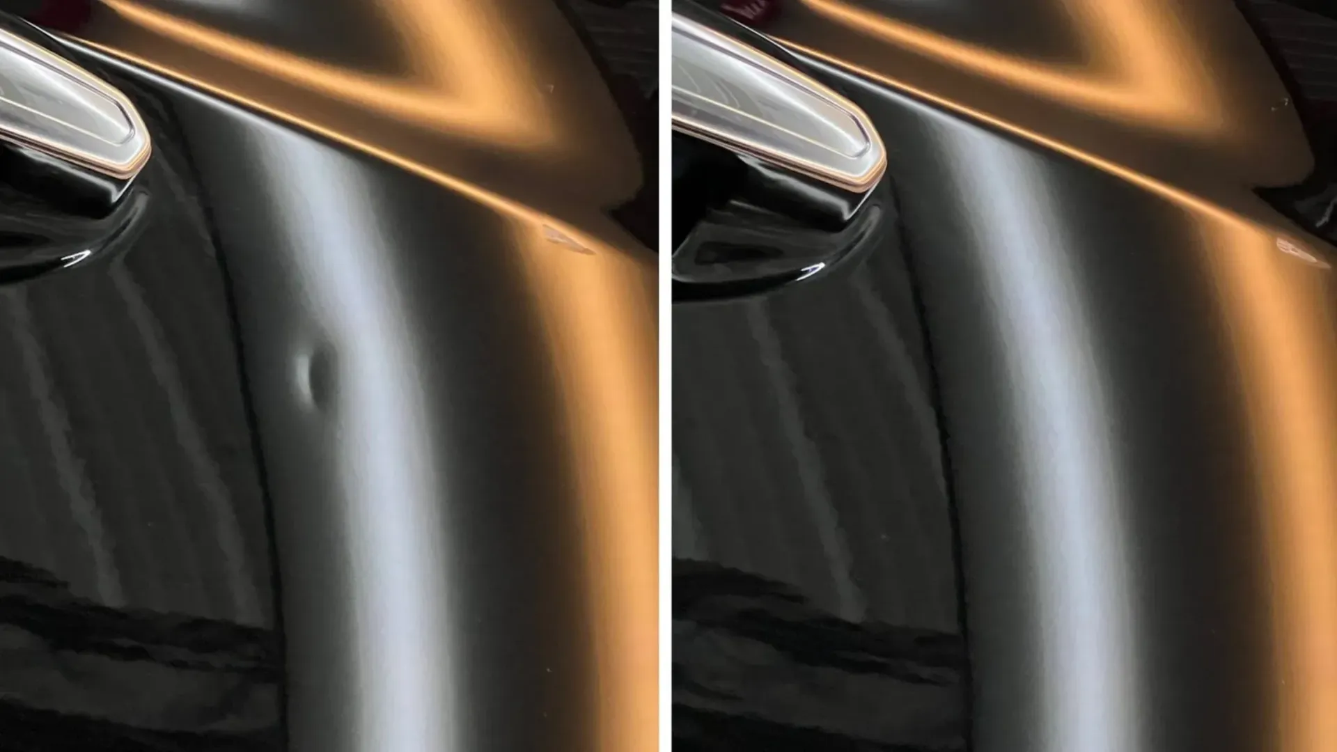 Close-up of a glossy black and copper car surface, shown in a side-by-side comparison.