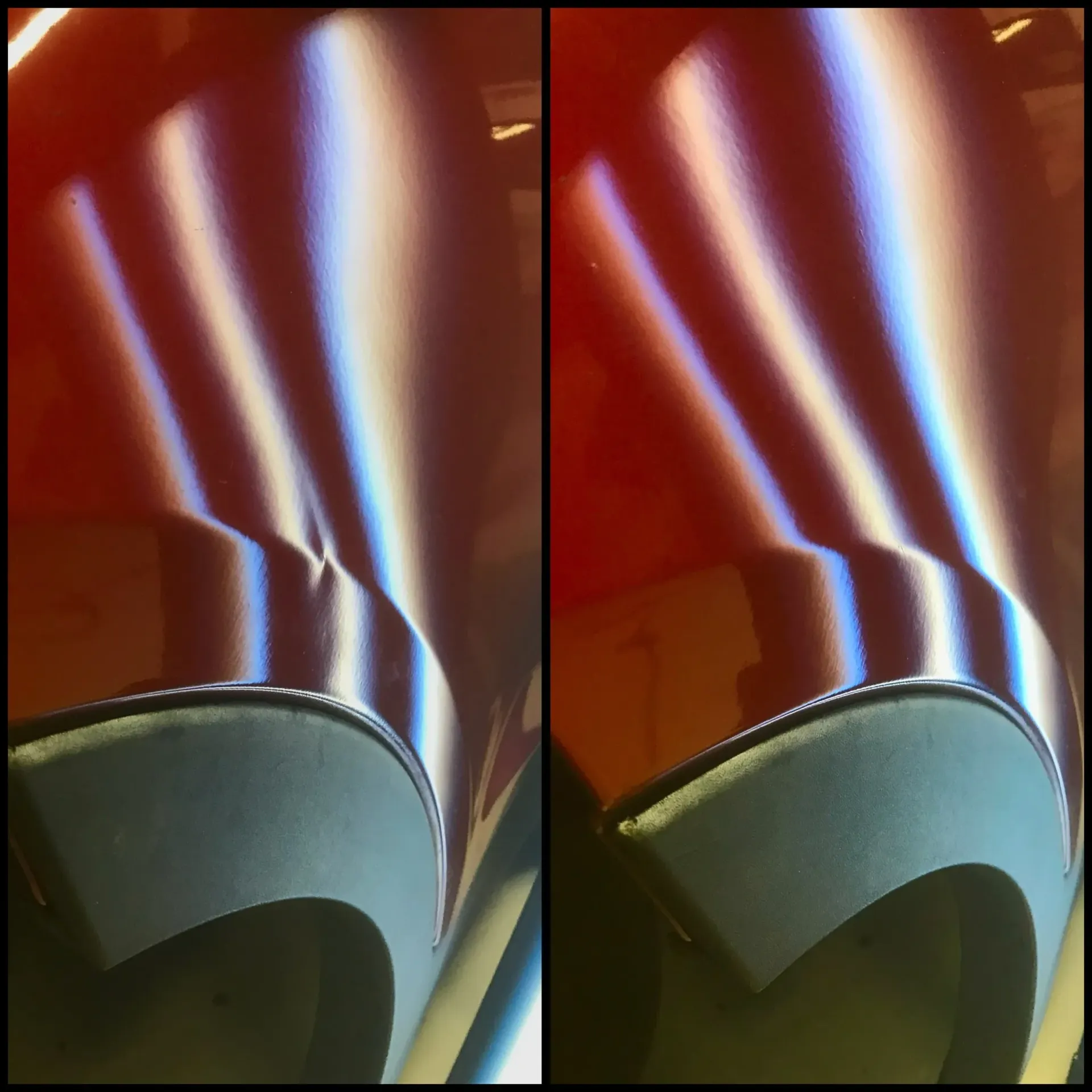 Close-up of a red and silver striped object with a curved gray edge, shown in two side-by-side views.
