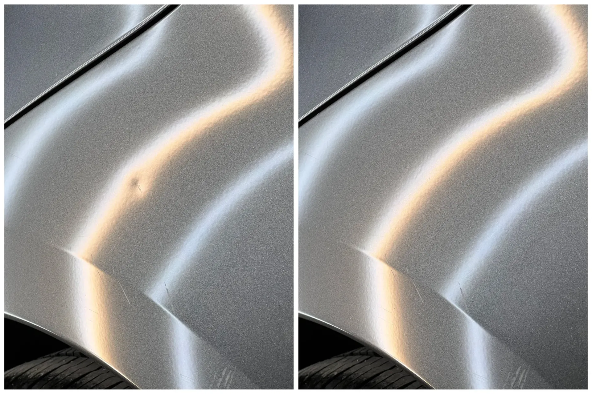 Side-by-side close-up of a metallic gray car body panel with a bright curved reflection and beige trim