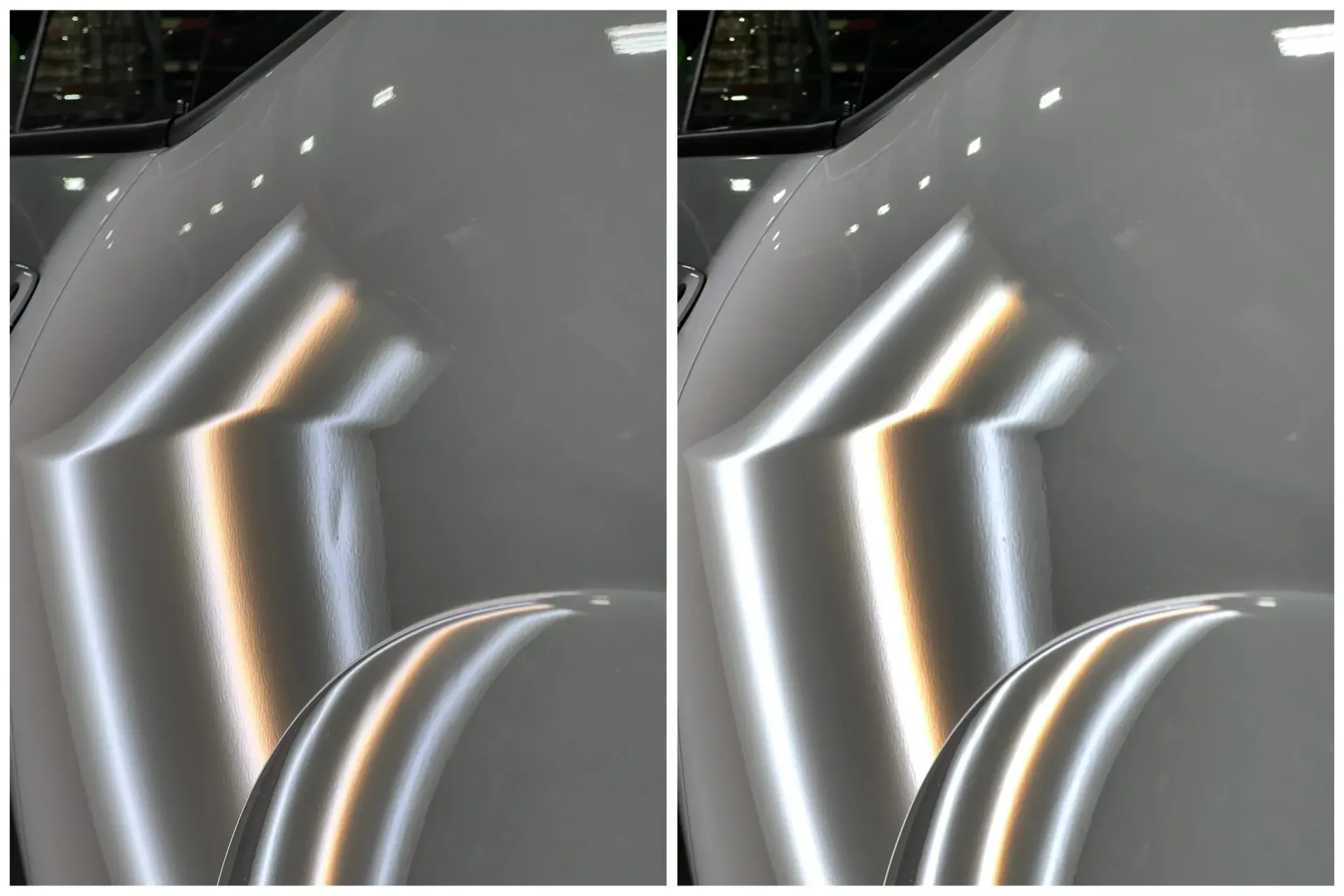 Side-by-side close-up of metallic gray surface with curved reflections and bright orange-white highlights