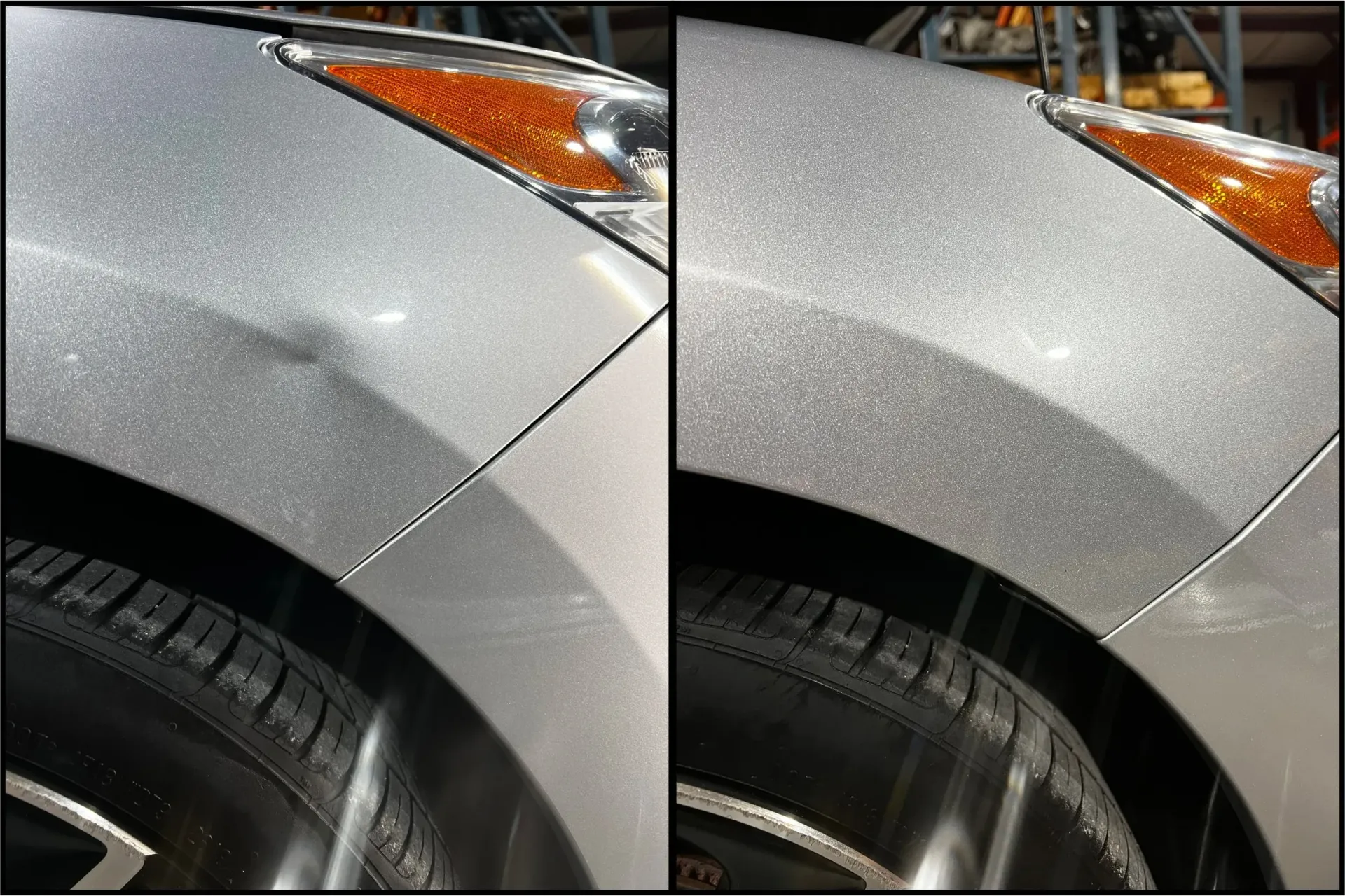 Close-up of a silver car’s front fender and wheel arch, showing a before-and-after paint repair comparison.