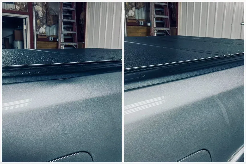 Close-up of a gray car door and black trim, shown in a side-by-side comparison indoors.