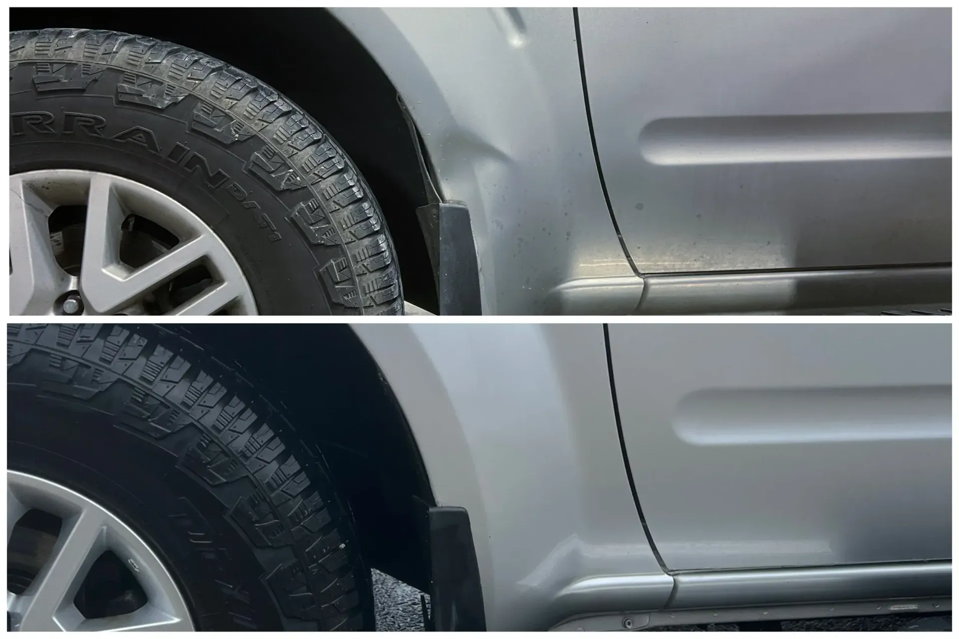 Side-by-side close-up of a silver car’s rear wheel and body panel before and after repair.