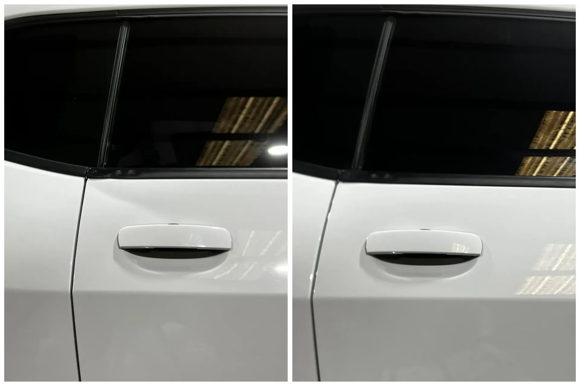 Close-up of a white car door and handle, shown in two side-by-side views.