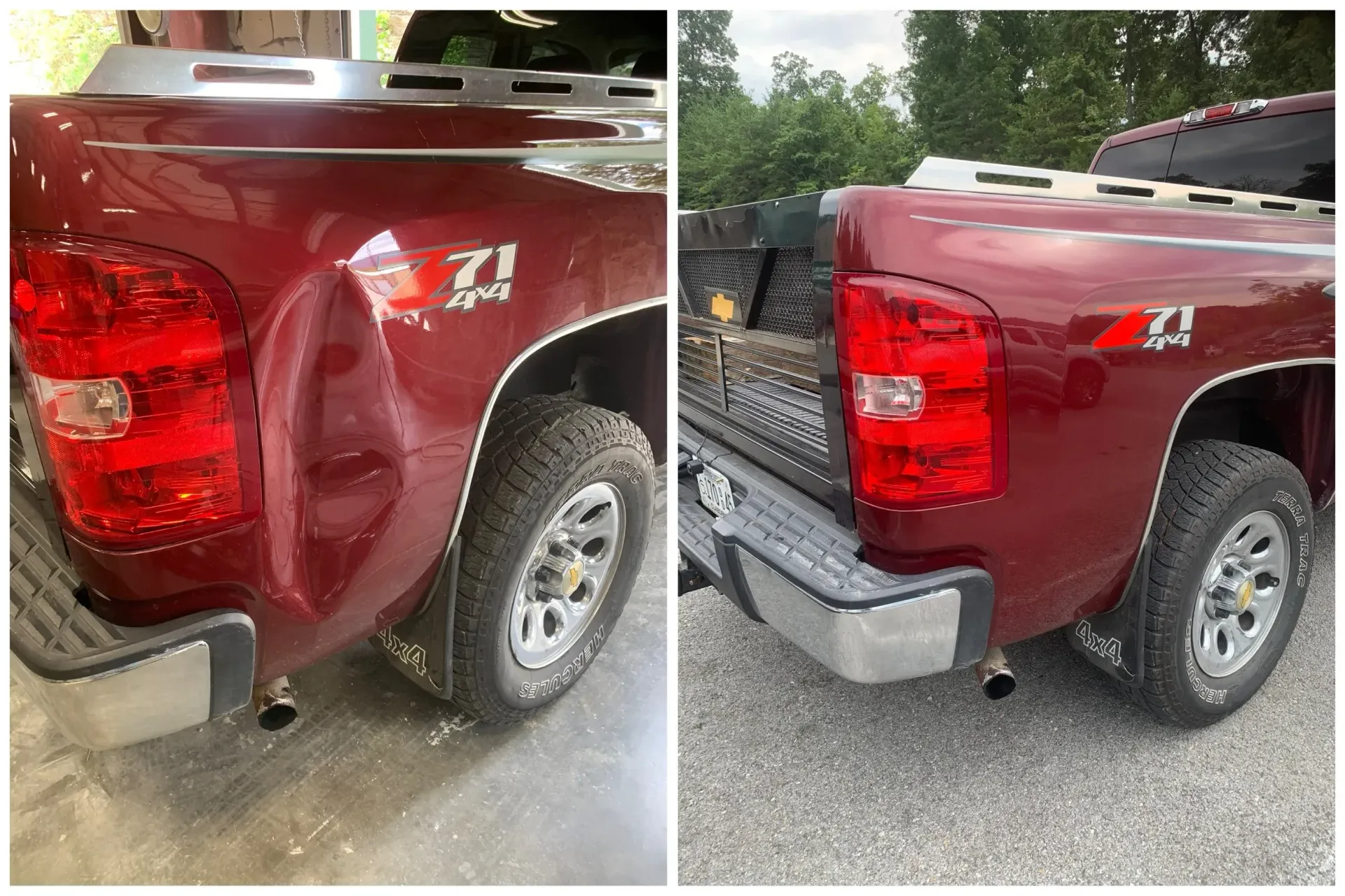 Maroon pickup truck rear quarter panel dented and scratched beside a truck bed rack.