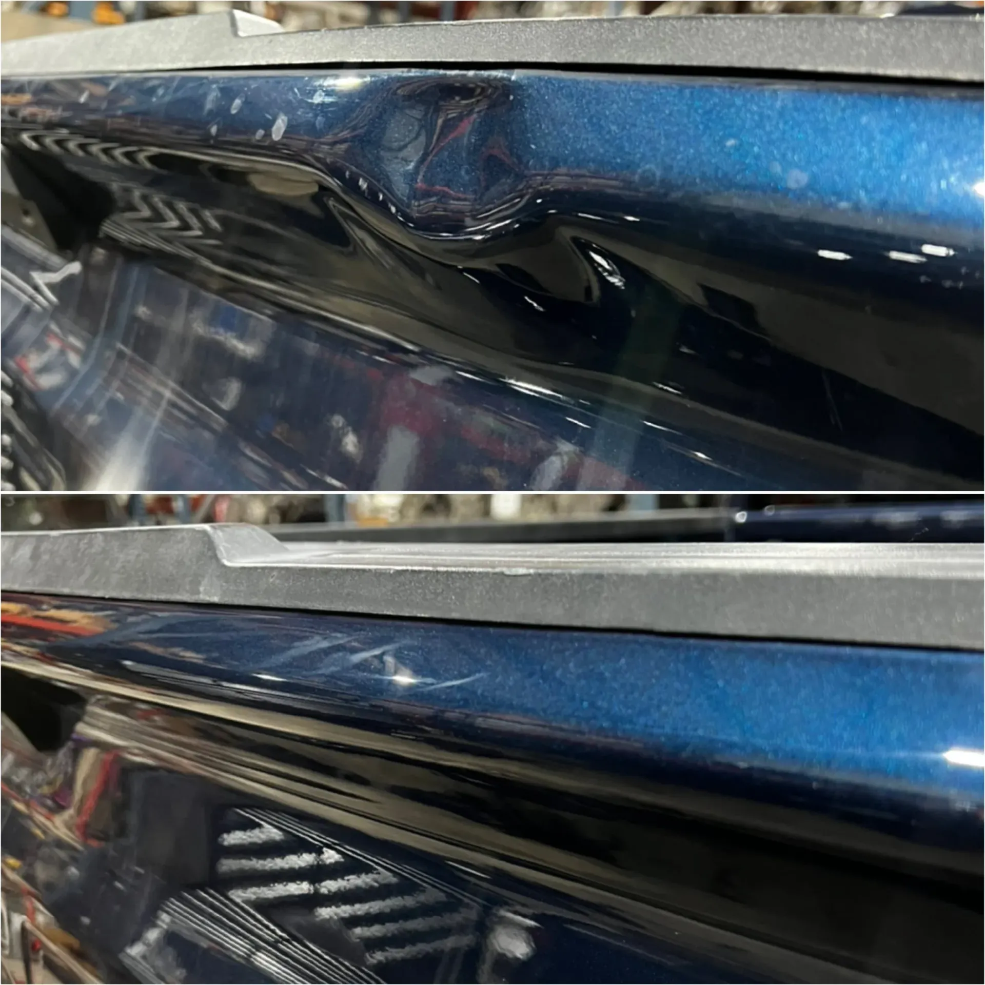 Close-up of a blue car’s dented front panel and scratched black trim, shown in two views.