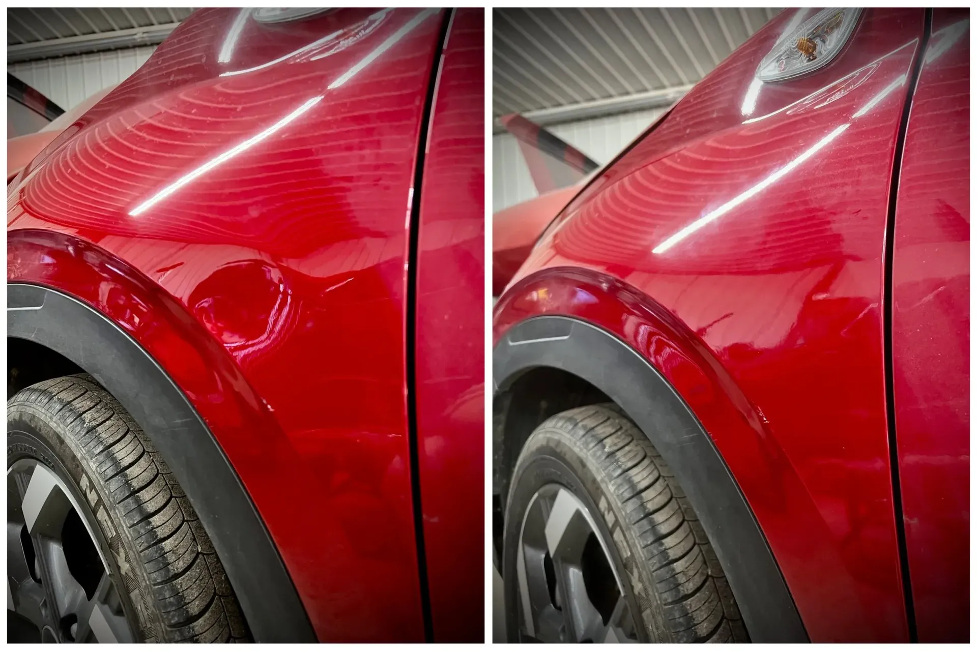 Split view of a red car’s rear quarter panel showing a dent before and after repair