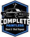 Logo for Complete Paintless Dent & Hail Repair with black classic car and blue hexagonal badge