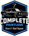 Logo for Complete Paintless Dent & Hail Repair with black classic car and blue hexagonal badge
