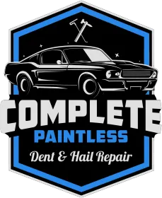 Logo for Complete Paintless Dent & Hail Repair with black classic car on a blue-and-black shield