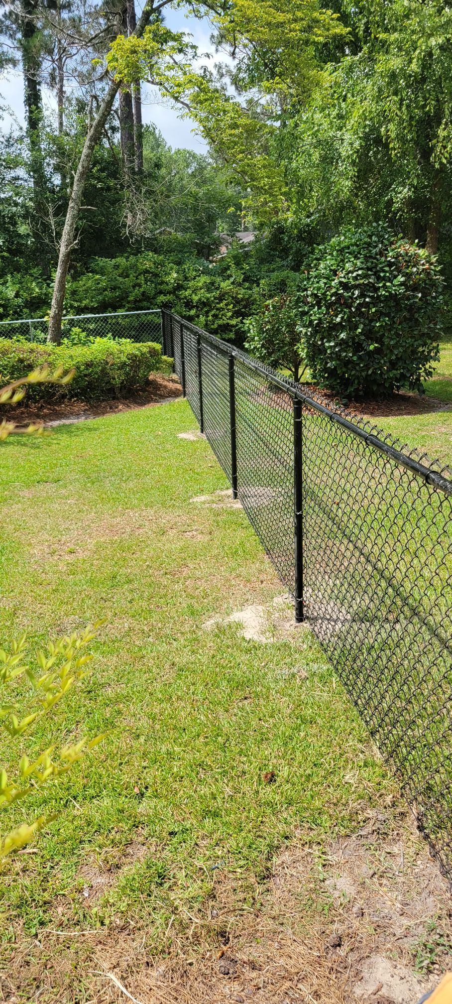 A chain link fence is sitting in the middle of a lush green yard.